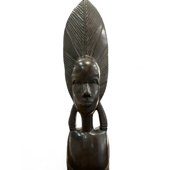 Vintage 70s Hand Carved Ebony BustFemale Figure 11" Tall Kenya Treasures